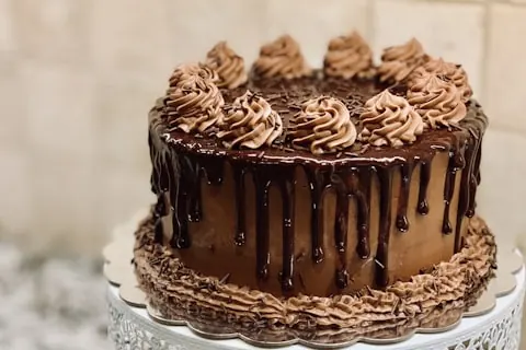 Rich chocolate layer cake slice